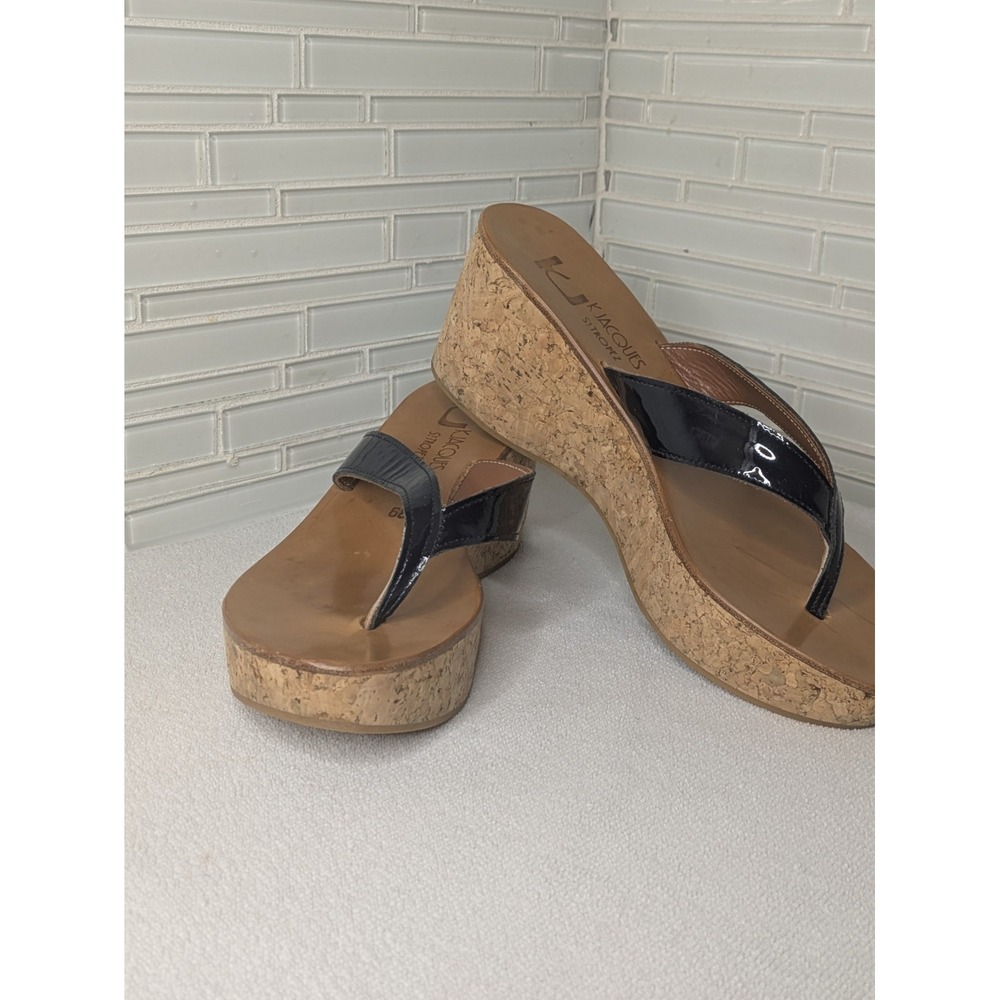 K. Jacques St. Tropez Navy Leather Cork Heel Wedges‎ Sandals Size 39 US 8
